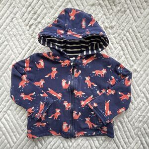 JoJo Maman Bebe Baby 6-12M Fox Print Reversible Hooded Jacket Navy